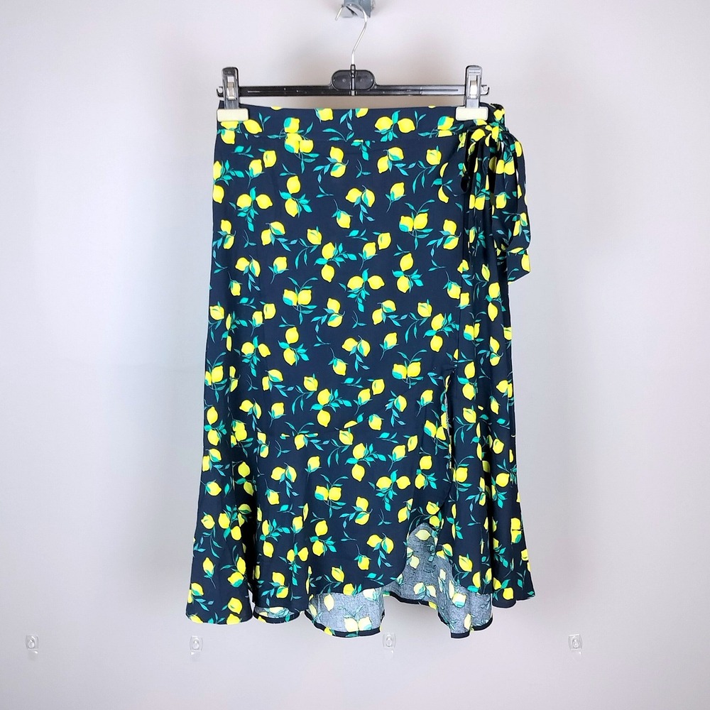 Banana Republic Cotton Viscose Lemon‎ Print Wrap Midi Skirt Womens 8 Navy Blue